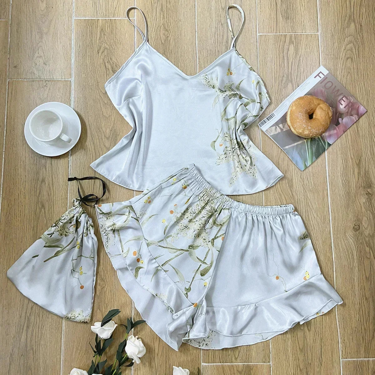 Summer Fashion 3 Pcs Silk Floral Print Suspenders Tops and Shorts with Hanging Bag Pajamas Women Sleepwear Home Wear
