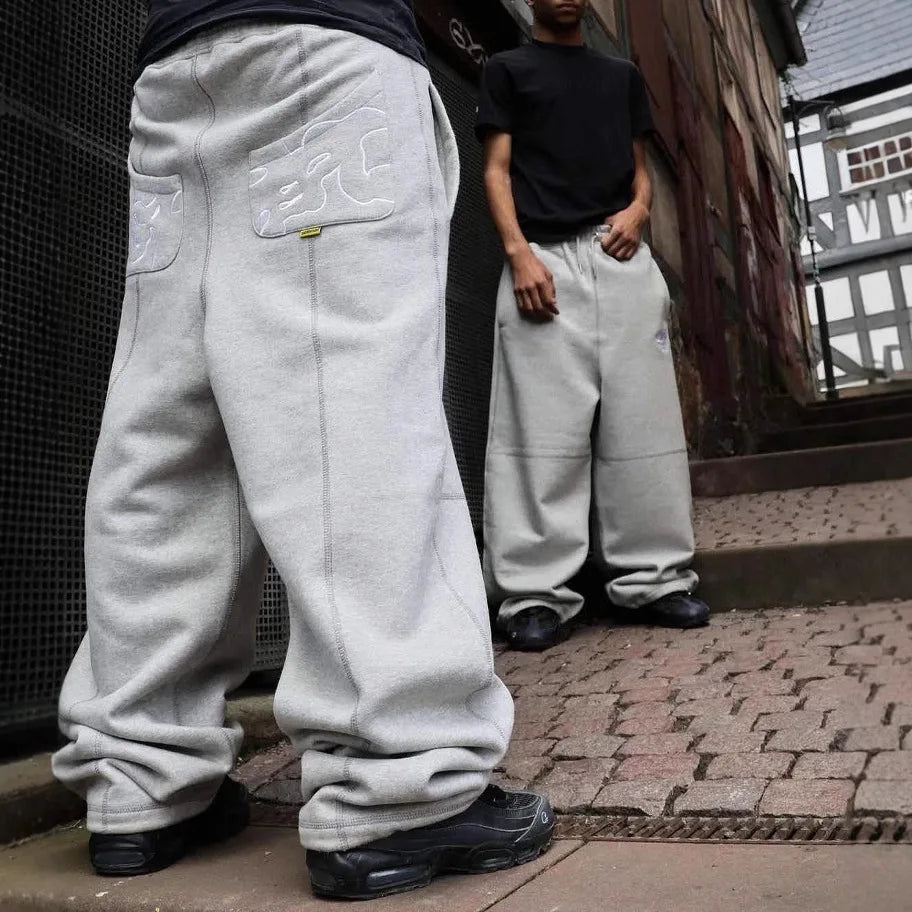 Embroidered new retro hip-hop street casual pants loose grey high waist fashionable retro street sweatpants couple hot sale
