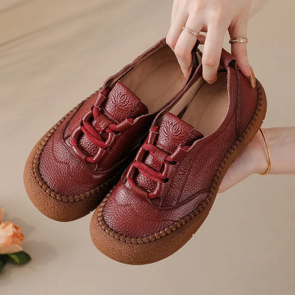 New Women's Genuine Leather Flats Woman Tied Up Wide Head Sports Sneakers Vintage Moccasin Non-Slip Walking Driving Loafer Flats