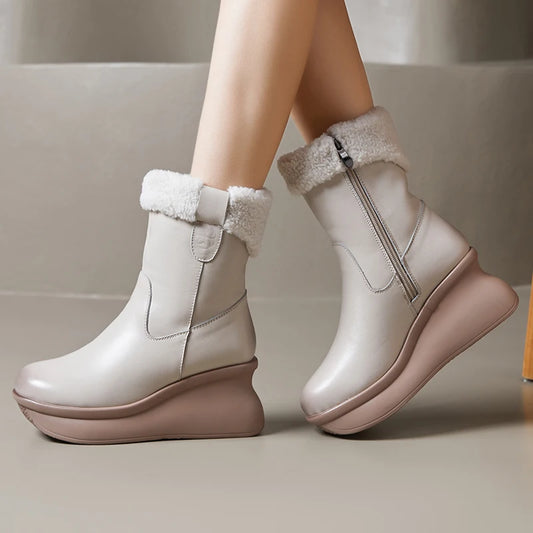 GKTINOO Genuine Leather Short Boots for Women Winter Wedges Warm Snow Boots Platform Shoes Thick Sole Non-slip Woman Boots