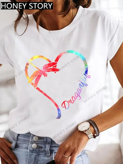 Dragonfly Butterfly Print Base Top Loose Women's Short-sleeved T-shirt Round Neck Oversized T Shirt  Women Clothes TEE