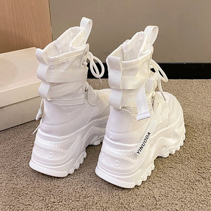 Women Ankle Boots Autumn Leather Chunky Shoes Woman High Platform Breathable Sneakers 8CM Thick Sole Wedges Motorcycles Boots