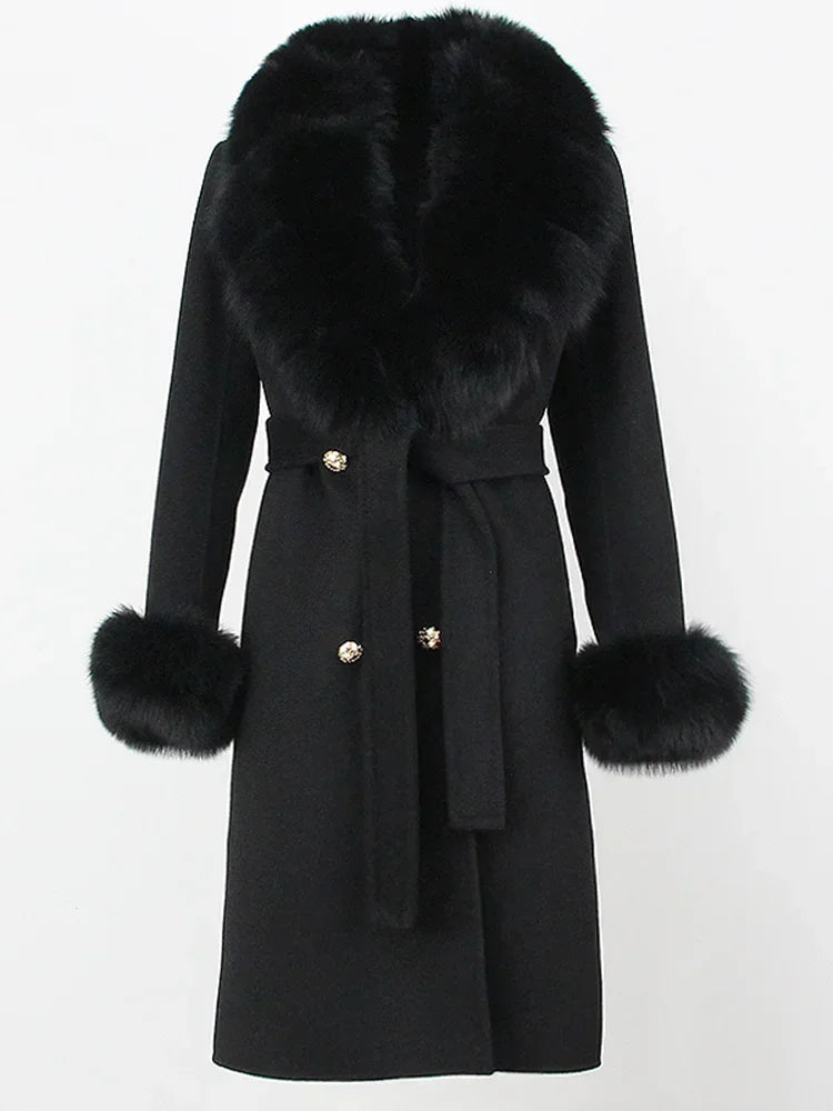 Double Breasted Woolen Jacket Belt Warm Cashmere Real Fur Coat Streetwear New Fashion 2024 Winter Women Long Natural Wool Blends