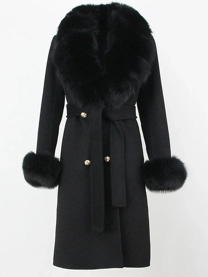 Double Breasted Woolen Jacket Belt Warm Cashmere Real Fur Coat Streetwear New Fashion 2024 Winter Women Long Natural Wool Blends