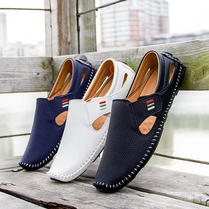 New 2023 Summer Breathable Leather Shoes Men Casual Loafers Brand Design Handmade Men Flats Soft Leather Moccasins Boat Shoes
