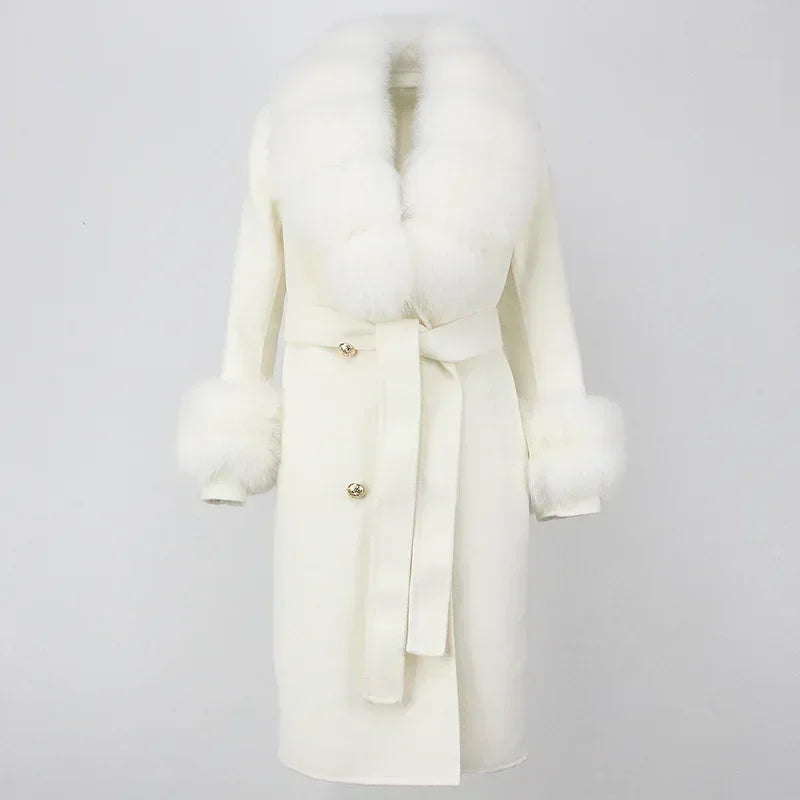 Double Breasted Woolen Jacket Belt Warm Cashmere Real Fur Coat Streetwear New Fashion 2024 Winter Women Long Natural Wool Blends