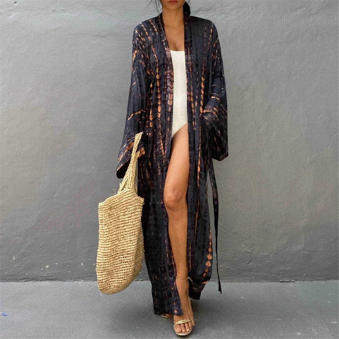 New 11 Colors Printed Long Sleeve With Belt Tunic Beach Cover Up Cover-ups Beach Dress Beach Wear Beachwear Female Women V4521