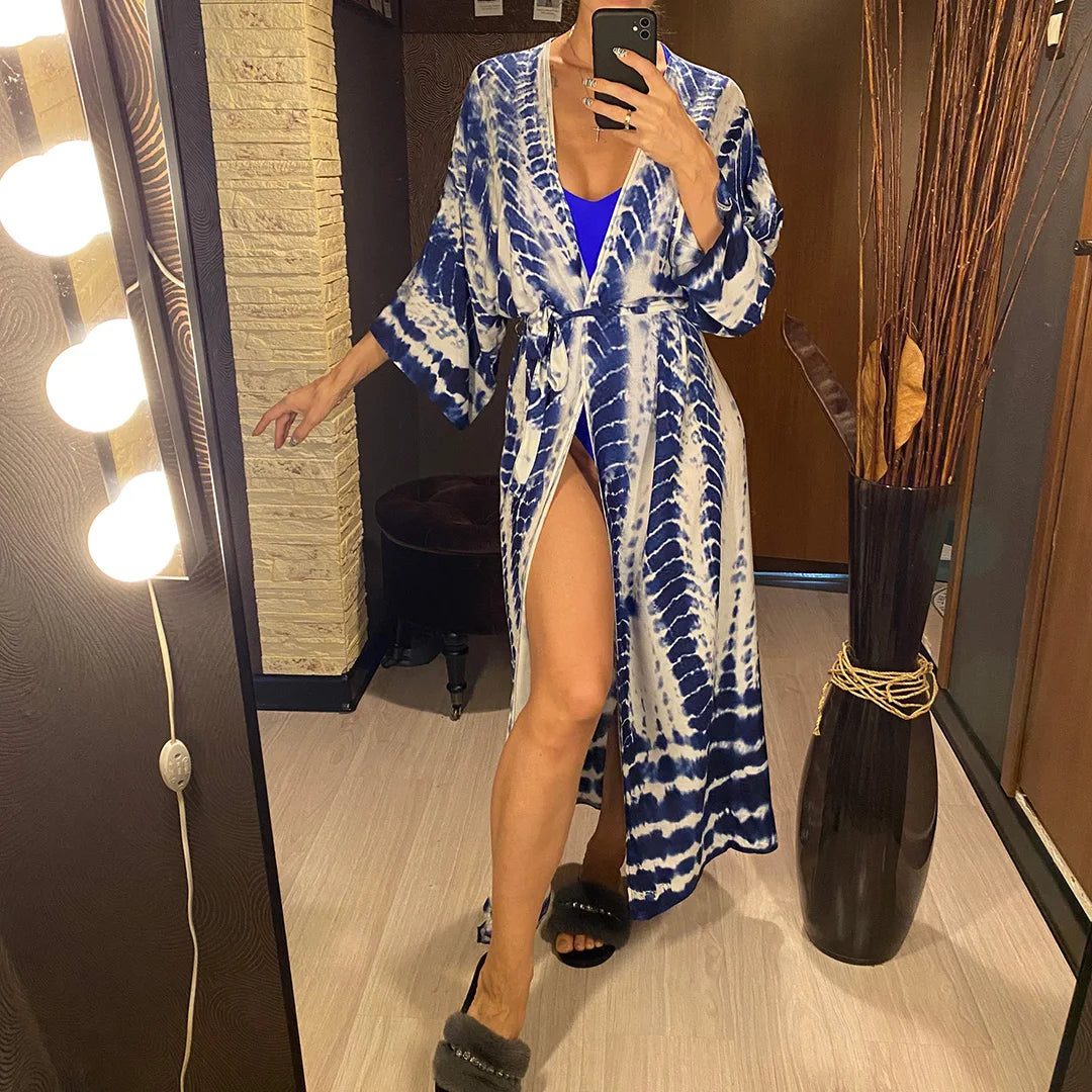 New 11 Colors Printed Long Sleeve With Belt Tunic Beach Cover Up Cover-ups Beach Dress Beach Wear Beachwear Female Women V4521