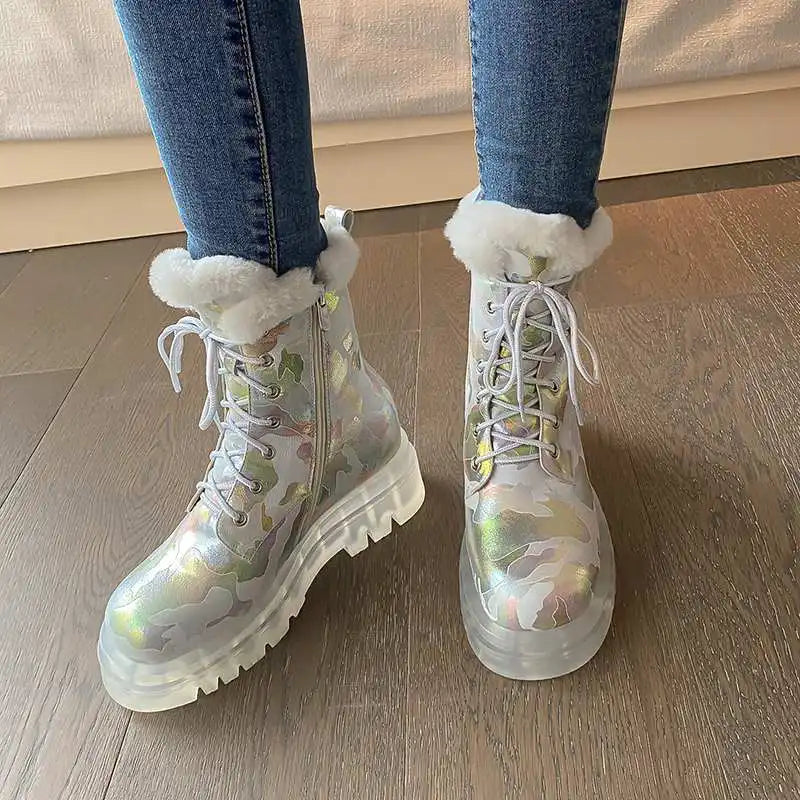 Krazing Pot Ins Cold-resistant Warm Long Plush Sheep Leather Snow Boots Thick Heel Casual Winter Platform Camouflage Ankle Boots