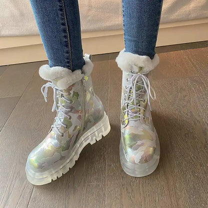Krazing Pot Ins Cold-resistant Warm Long Plush Sheep Leather Snow Boots Thick Heel Casual Winter Platform Camouflage Ankle Boots