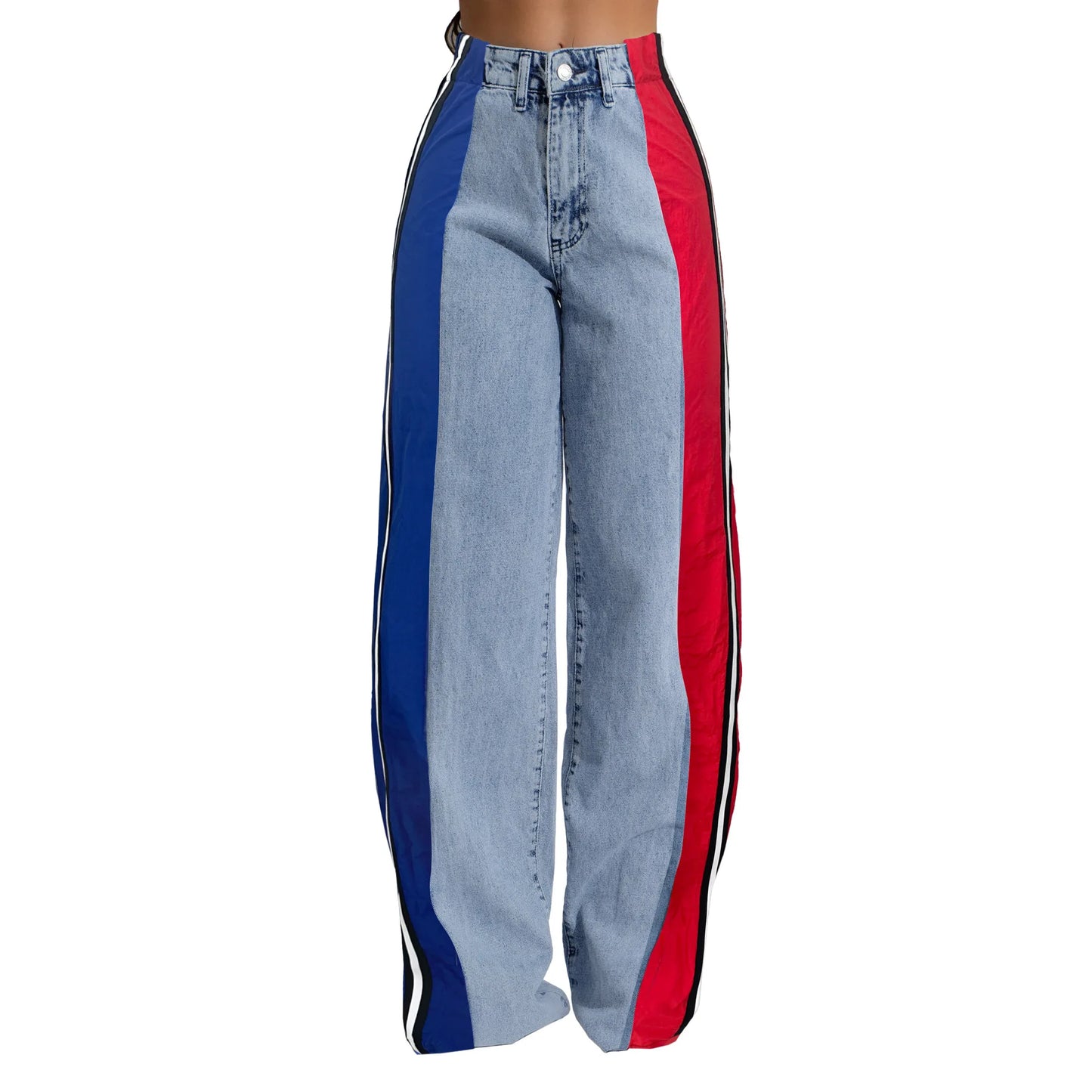 Denim Pants Women Patchwork Spliced Long Pant Mom Straight Button High Waist Casual Jeans Trousers Pocket Lady Y2k Autumn