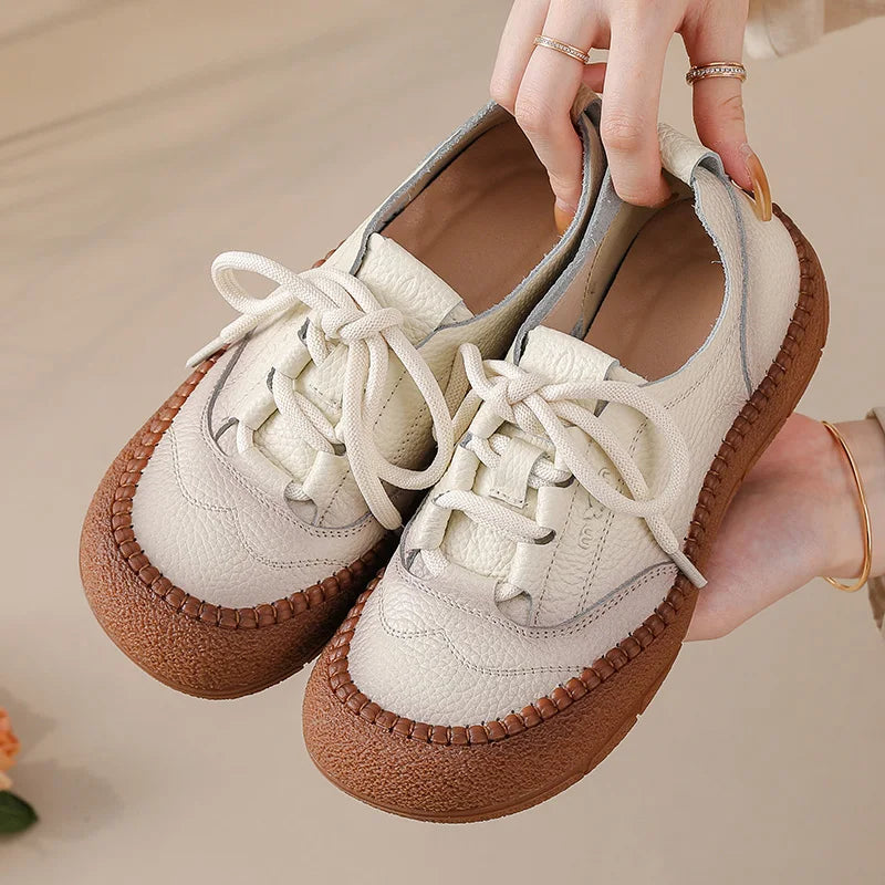 New Women's Genuine Leather Flats Woman Tied Up Wide Head Sports Sneakers Vintage Moccasin Non-Slip Walking Driving Loafer Flats