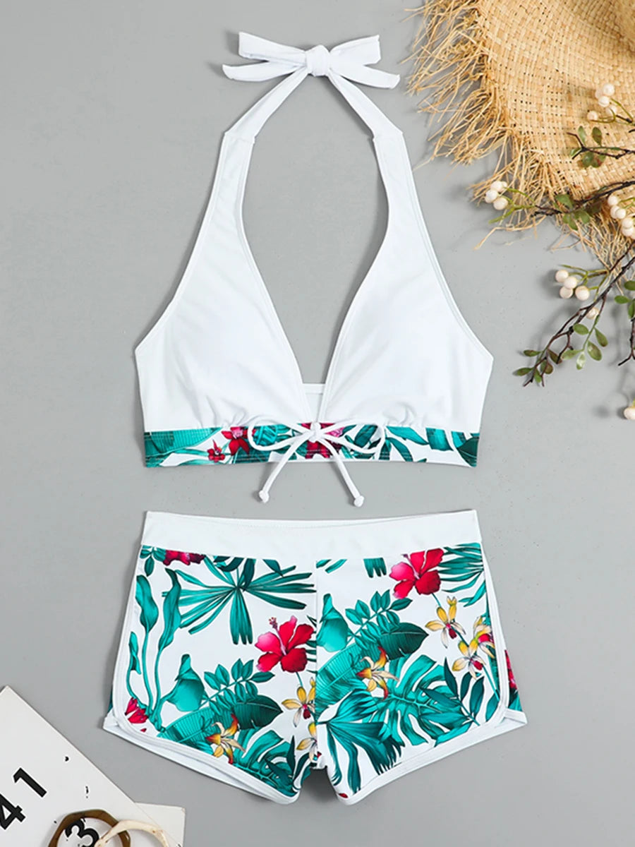 2026 Halter Bikini Set Short Swimsuit Women High Waist Swimwear Female Printed Bathers Swimming Bathing Swim Suit Beachwear