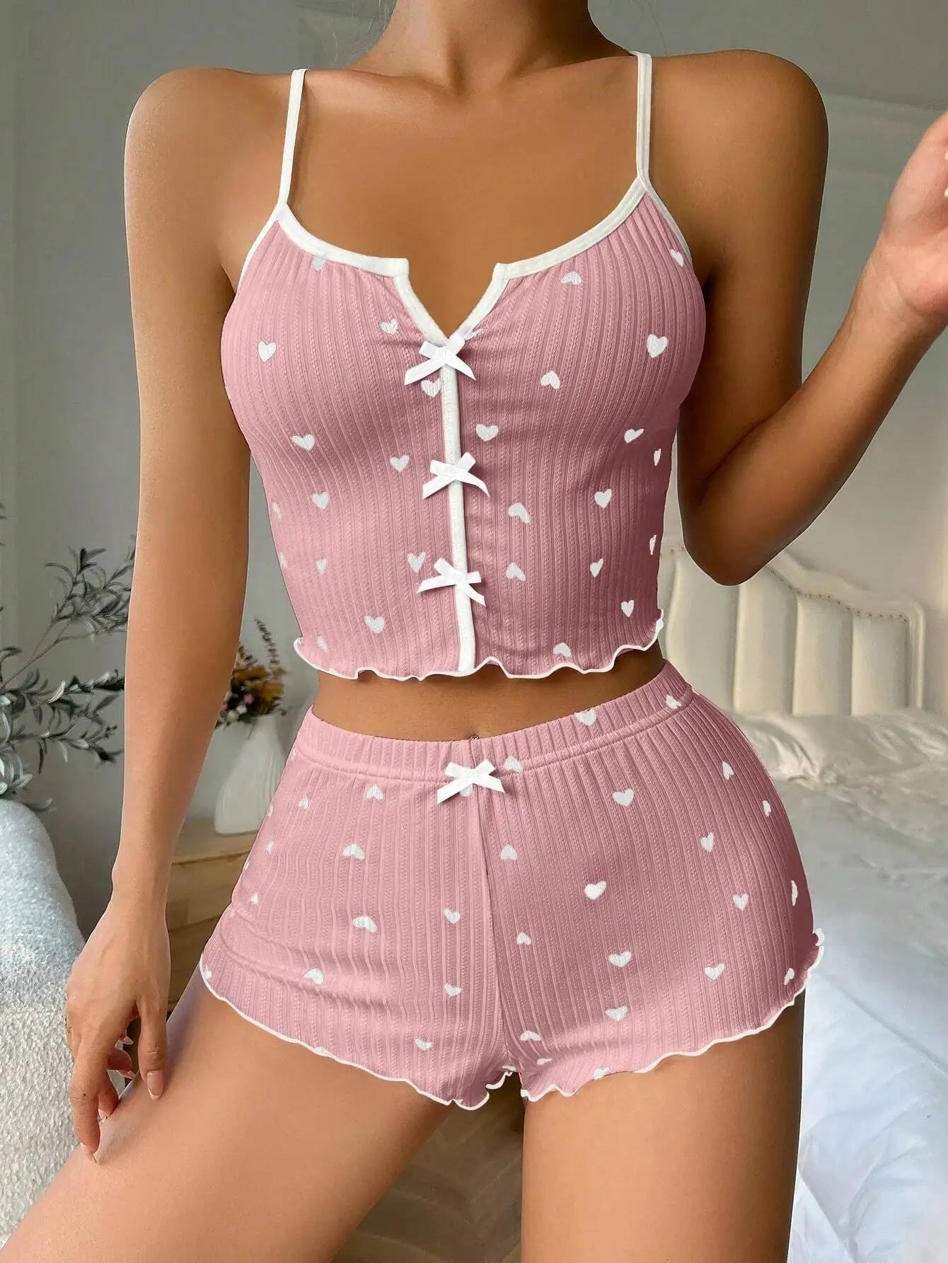 Women's Pajamas Fashion Lace Patchwork Heart Print Bowknot Decoration Sexy Cami Sleepwear Set  Sleeveless V-Neck Summer Lingerie