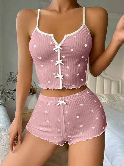 Women's Pajamas Fashion Lace Patchwork Heart Print Bowknot Decoration Sexy Cami Sleepwear Set  Sleeveless V-Neck Summer Lingerie