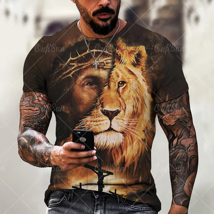 Christ Jesus T-Shirts for Men 3D Lion Printed T-Shirt Summer Clothes Short Sleeve Streetwear Vintage Tops Tee Shirt Men Clothing