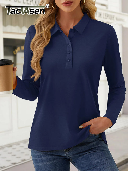 TACVASEN Women's Long Sleeve 5-Button Polo Shirts V-Neck Collared Tops Cotton Blend Casual Work Golf T-Shirts with Side Split