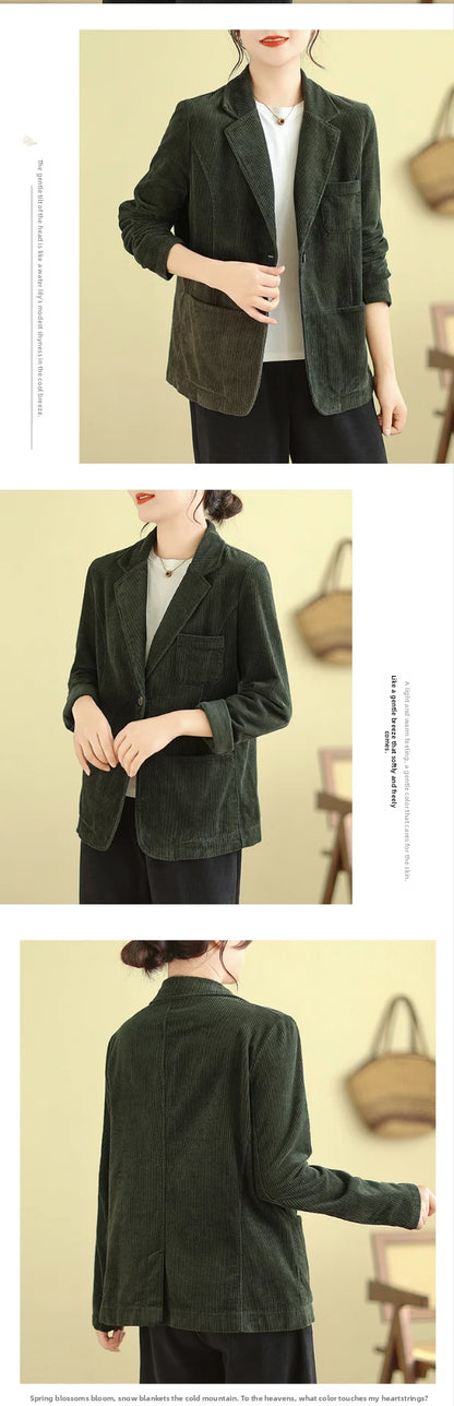 Retro Corduroy ort Suit Jaet Women's Loose Casual Striped Velvet Open Cardigan Top Spring 2026 New Sle Cotton Material