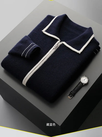 Autumn and winter zipper high-end design cardigan sweater 2025 men's simple and versatile trendy contrast color knitted sweater