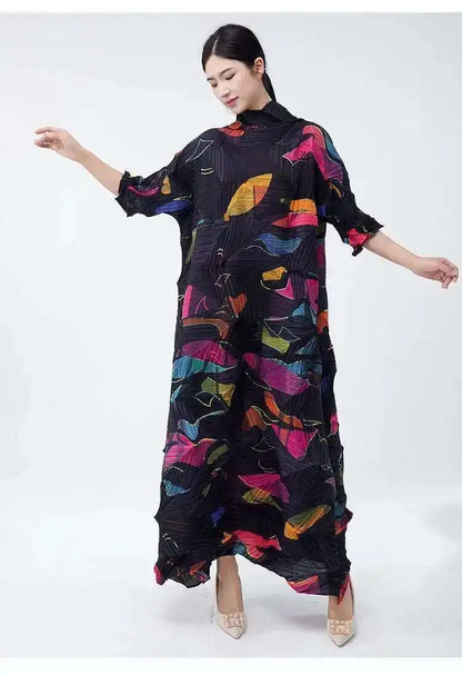 LANMREM Large Size Pleated Dress For Women Turtleneck Printing Loose Dresses Female Casual Clothing 2025 Spring New 2DB2113