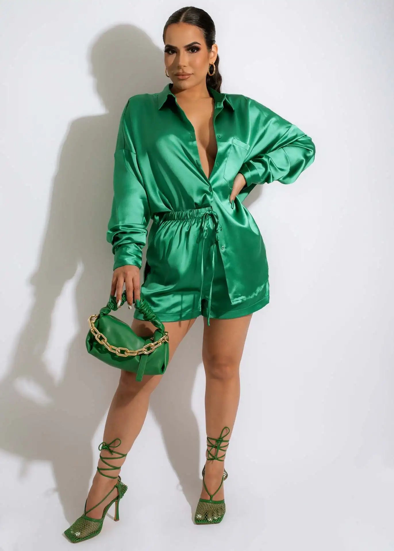 CM.YAYA Elegant Satin Women's Tracksuit Long Sleeve Shirt and Wide Leg Straight Pants Matching Sleepwear Two 2 Piece Set Outfits