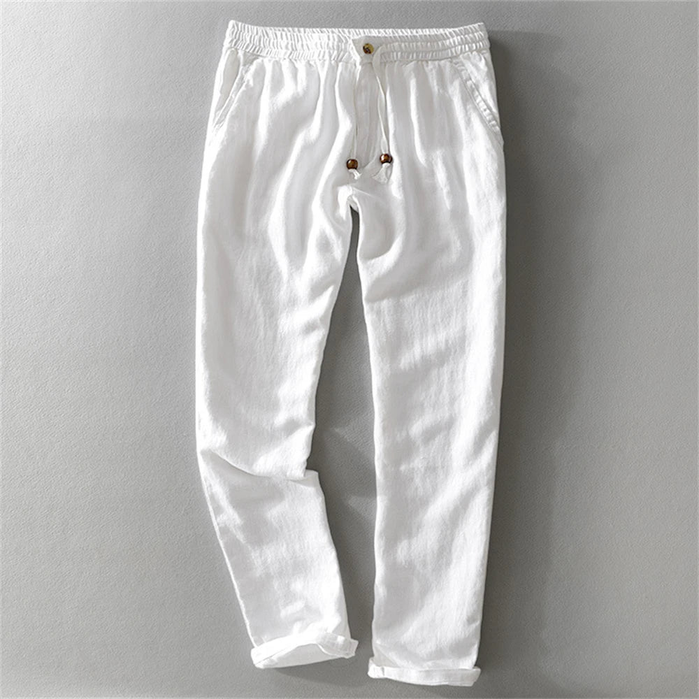 2025 Summer men's Linen pants Thin Breathable Spring solid Beach Trousers for men Elasticated waist white man Casual pants