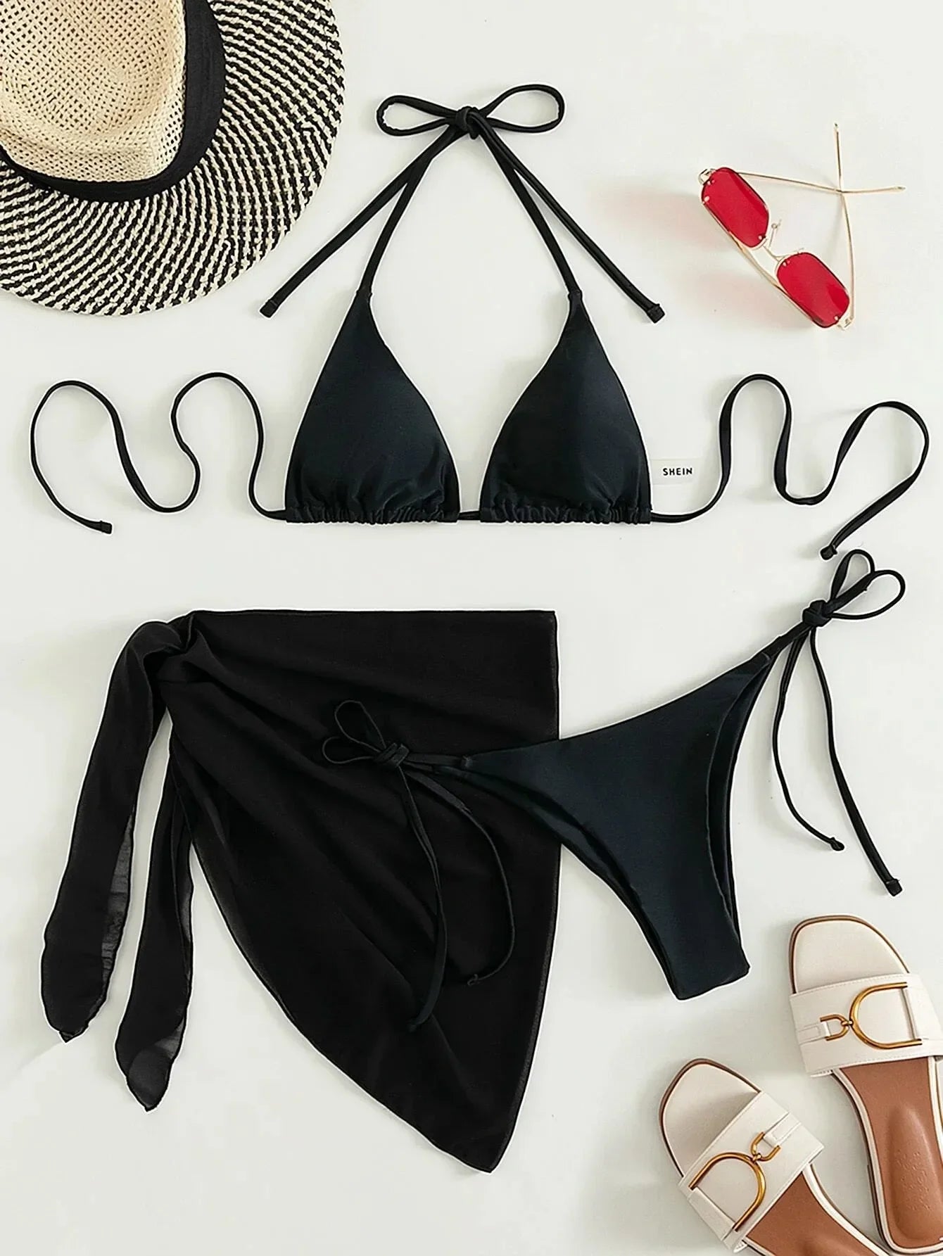 2026 Women's High Waist Bikini Set Halter Cut Out Mesh Skirt 3 Piece Swimsuit Brazilian Push Up Bra Beach Bathing Suit Swimwear