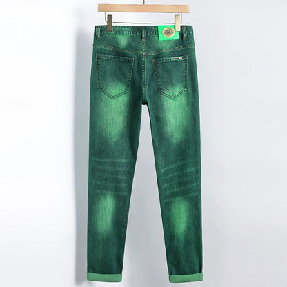 Emerald Green Jeans High-End Embroidery Slim Straight Leg Men Pants Personality Fashion Everything Trend Elastic Denim Pant