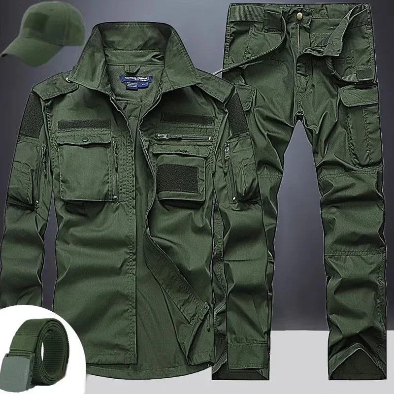 Summer Sets Mens Outdoor Breathable Multiple Pockets Combat Long Sleeve Shirts Cargo Pants Suits Male