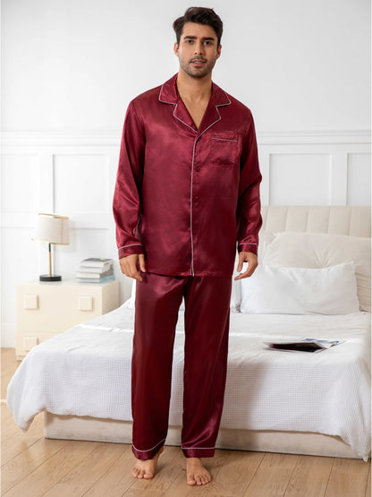 New Men's Pajamas Set Solid Color Casual Homewear Ice Silk Long Sleeve Shirt & Long Pants Pajama Male Satin Sleepwear Indoor Set