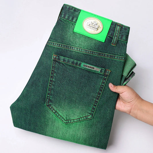 Emerald Green Jeans High-End Embroidery Slim Straight Leg Men Pants Personality Fashion Everything Trend Elastic Denim Pant
