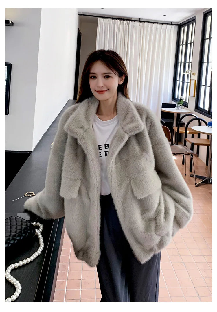 Women Faux Fur Coats Mid Length Jackets Stand Collar Coat Thick Warm Y2k Streetwear Jacket Work Casual Loose Autumn Winter