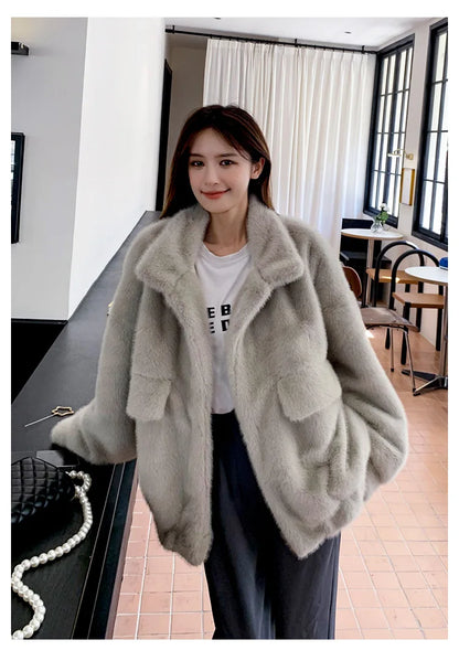 Women Faux Fur Coats Mid Length Jackets Stand Collar Coat Thick Warm Y2k Streetwear Jacket Work Casual Loose Autumn Winter