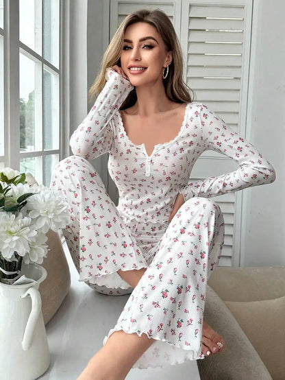 Spring Autumn Floral Print Lettuce Trim Tops with Long Pants Sleepwear Women Pajamas Set Loungewear Nightwear Pijama Mujer