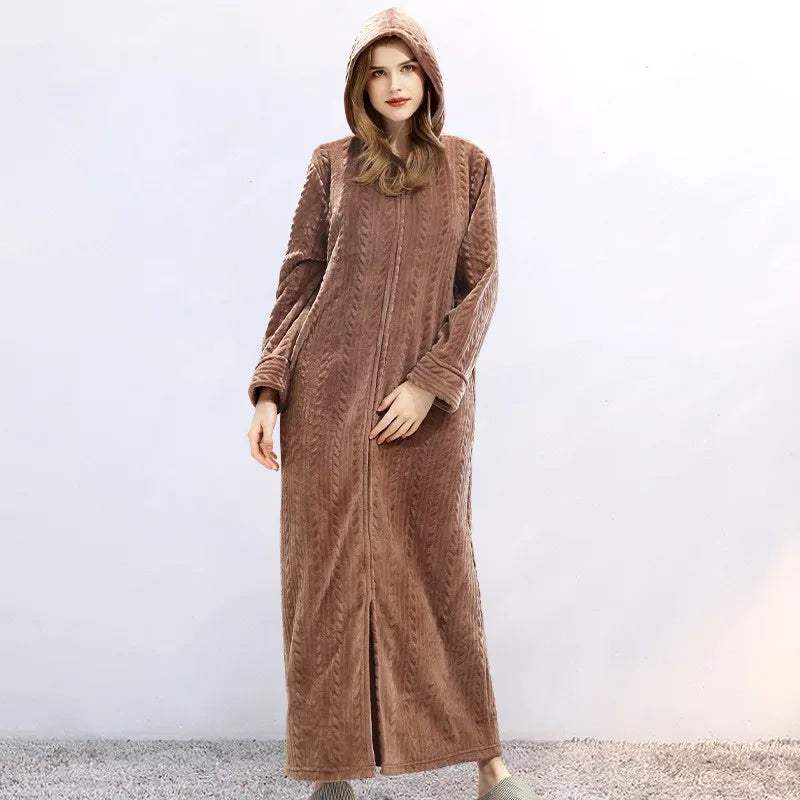 Winter Plus Size Hooded Zipper Long Warm Coral Fleece Bathrobe Women Thermal Flannel Bath Robe Shell Dressing Gown Sleepwear
