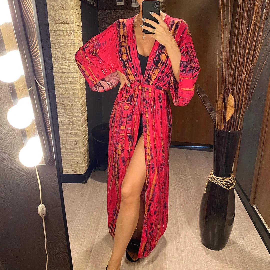 New 11 Colors Printed Long Sleeve With Belt Tunic Beach Cover Up Cover-ups Beach Dress Beach Wear Beachwear Female Women V4521