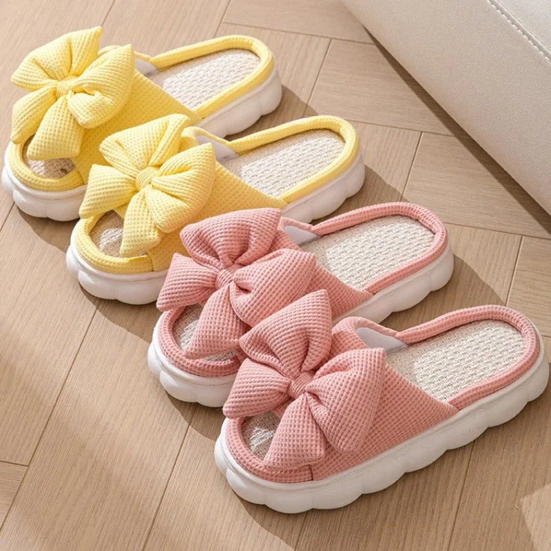 Comfortable Linen Slippers Soft and Lightweight Cotton Slippers Cute Bowknot Flat Slipper Couples Slides Home Shoes for Women