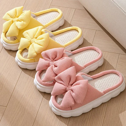 Comfortable Linen Slippers Soft and Lightweight Cotton Slippers Cute Bowknot Flat Slipper Couples Slides Home Shoes for Women