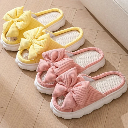 Comfortable Linen Slippers Soft and Lightweight Cotton Slippers Cute Bowknot Flat Slipper Couples Slides Home Shoes for Women