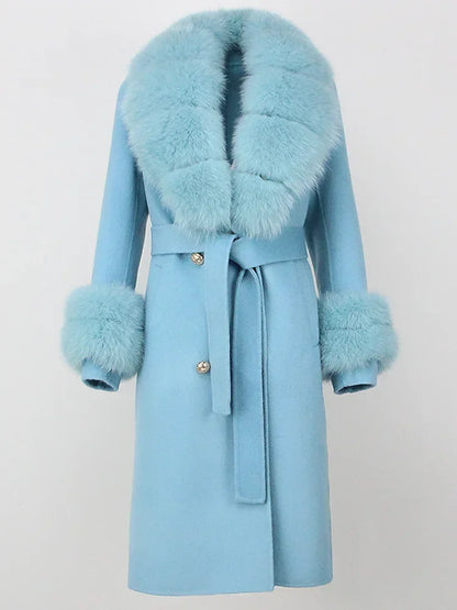 Double Breasted Woolen Jacket Belt Warm Cashmere Real Fur Coat Streetwear New Fashion 2024 Winter Women Long Natural Wool Blends