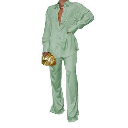 CM.YAYA Elegant Satin Women's Tracksuit Long Sleeve Shirt and Wide Leg Straight Pants Matching Sleepwear Two 2 Piece Set Outfits