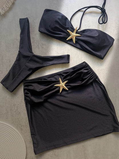 3 Pieces Bikini Set Push Up Bikini 2025 Sexy Women Swimsuit Shiny Skirt Female Swimwear Brazil Bathing Suit Beachwear Cover Ups