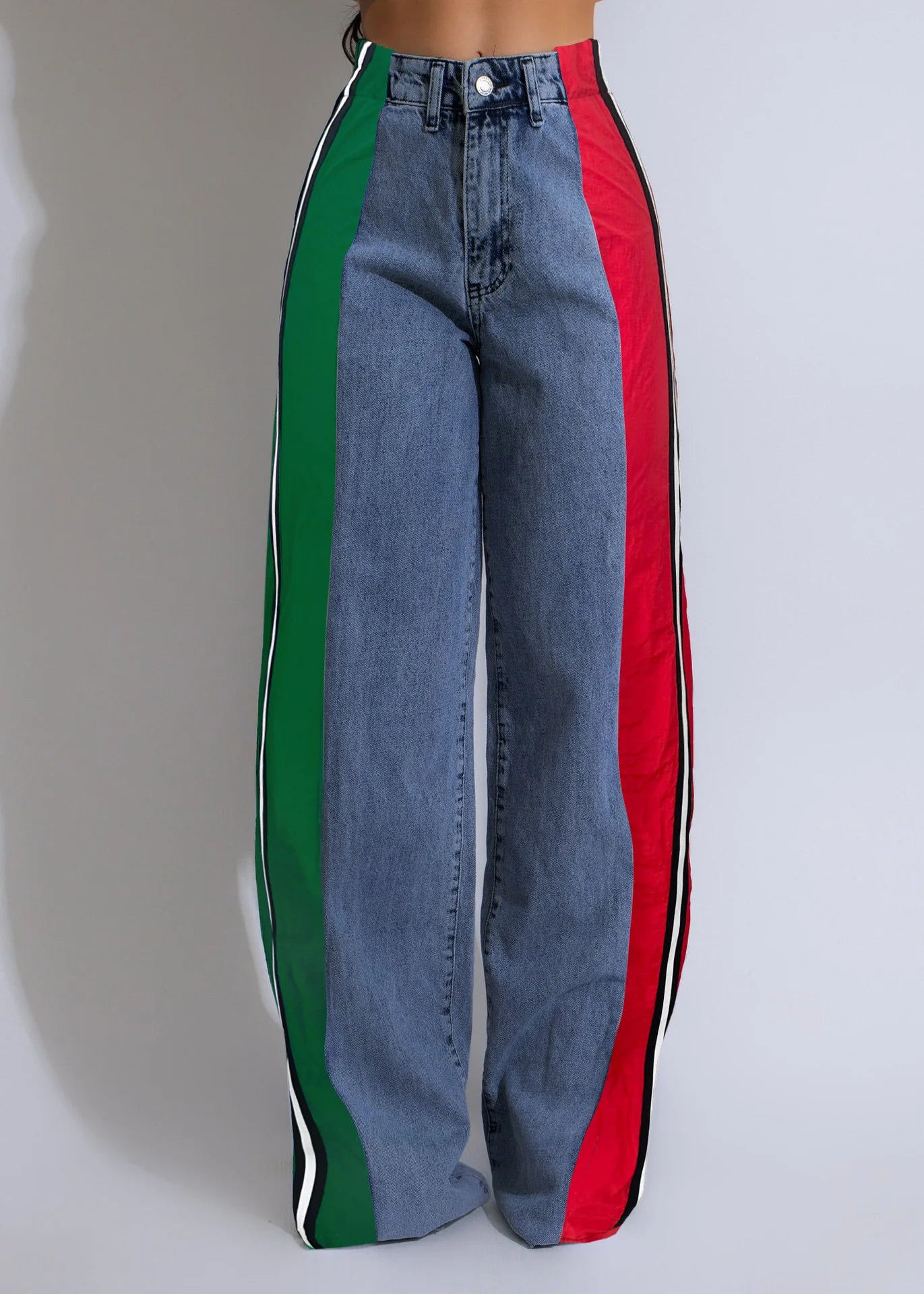 Denim Pants Women Patchwork Spliced Long Pant Mom Straight Button High Waist Casual Jeans Trousers Pocket Lady Y2k Autumn