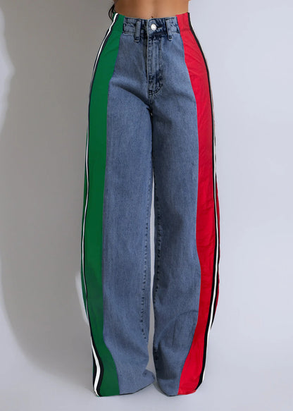 Denim Pants Women Patchwork Spliced Long Pant Mom Straight Button High Waist Casual Jeans Trousers Pocket Lady Y2k Autumn