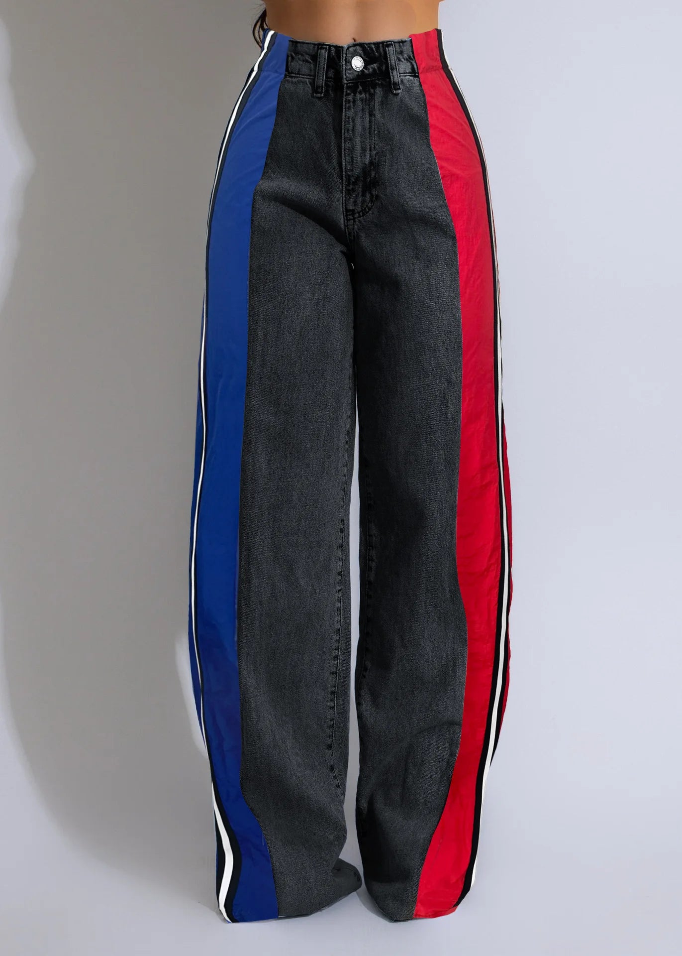 Denim Pants Women Patchwork Spliced Long Pant Mom Straight Button High Waist Casual Jeans Trousers Pocket Lady Y2k Autumn