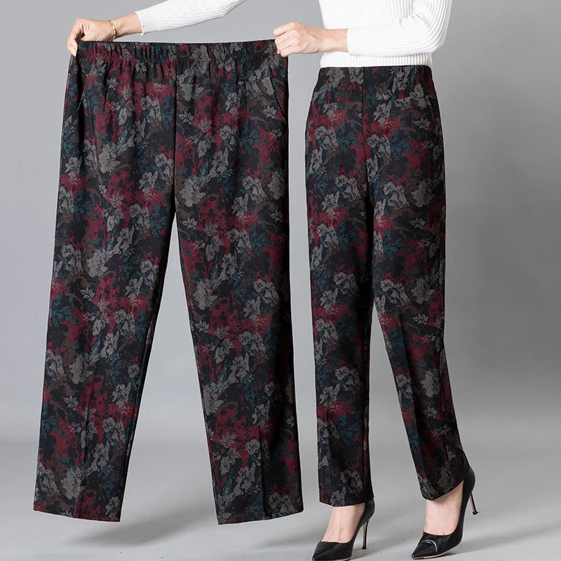8XL 9XL Middle-aged Women Trousers New Print Elasti High Waist Casual Pants Spring and Autumn Straight Pants Oversize Grandma Pa