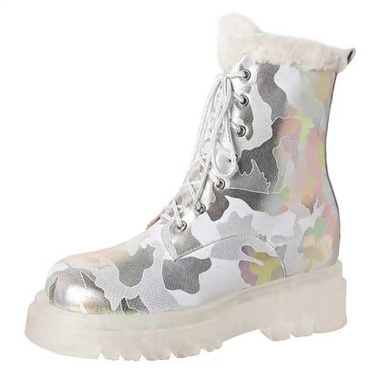 Krazing Pot Ins Cold-resistant Warm Long Plush Sheep Leather Snow Boots Thick Heel Casual Winter Platform Camouflage Ankle Boots