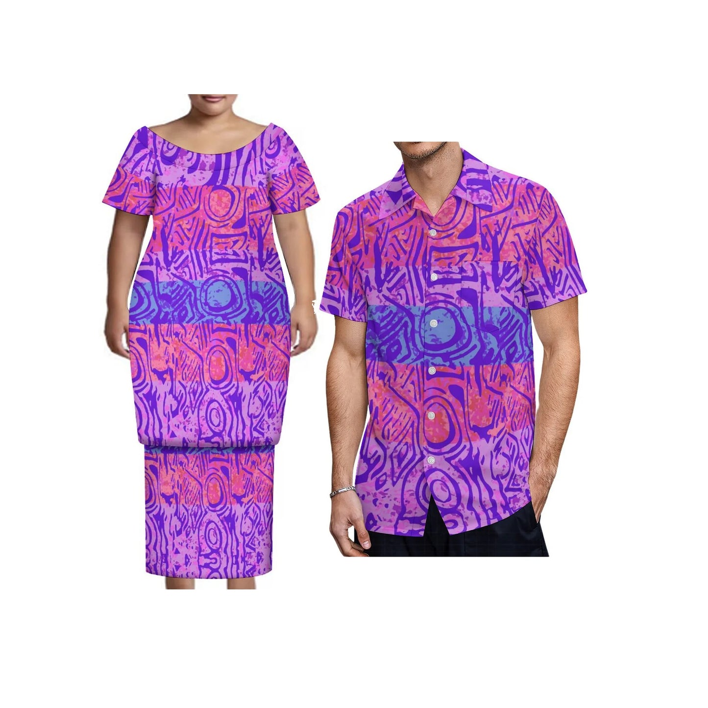 New Tonga Polynesian Short Sleeve Dress Big Size Women Button Puletasi Dress and Aloha Men Shirt Match Couple Clothes Two Piece