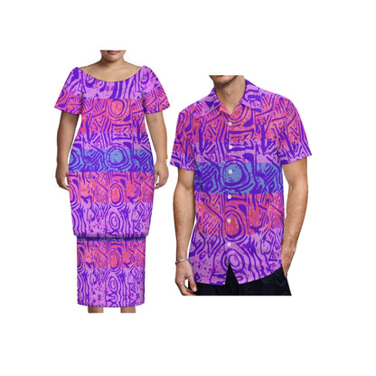 New Tonga Polynesian Short Sleeve Dress Big Size Women Button Puletasi Dress and Aloha Men Shirt Match Couple Clothes Two Piece
