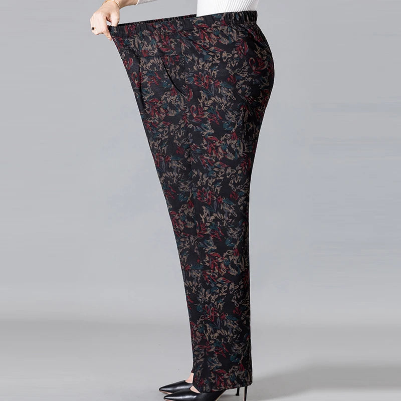 8XL 9XL Middle-aged Women Trousers New Print Elasti High Waist Casual Pants Spring and Autumn Straight Pants Oversize Grandma Pa